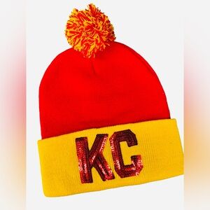 Red and Yellow sequin KC Beanie with Pom Pom